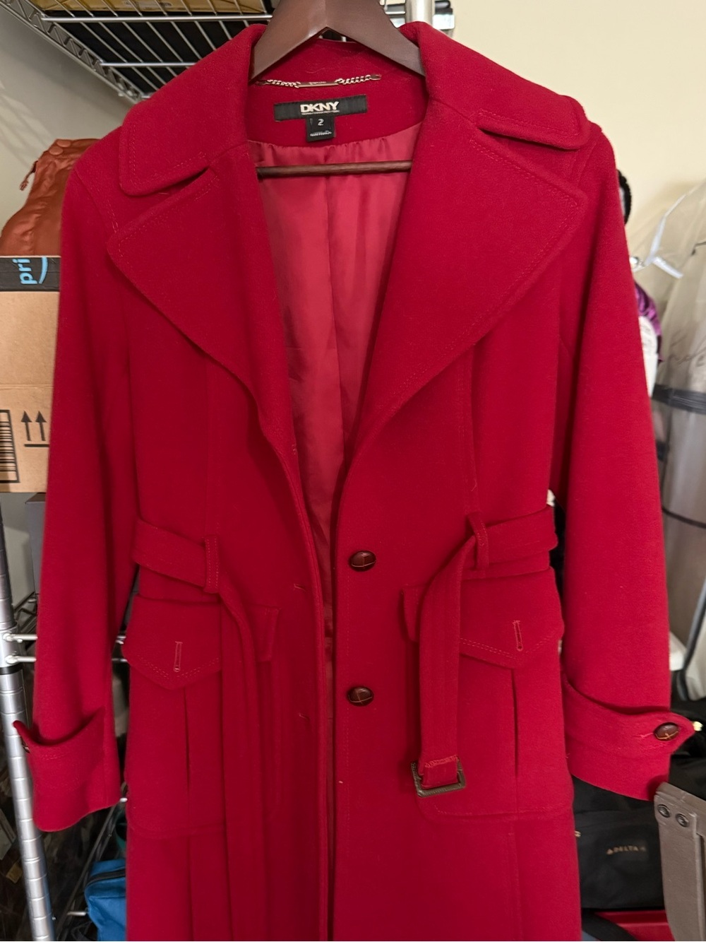 DKNY Red Wool Cashmere Blend Belted Coat Women’s Size 2